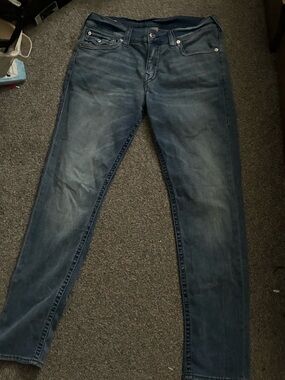 Y2K True Religion Men's Blue Washed Slim Straight Jeans